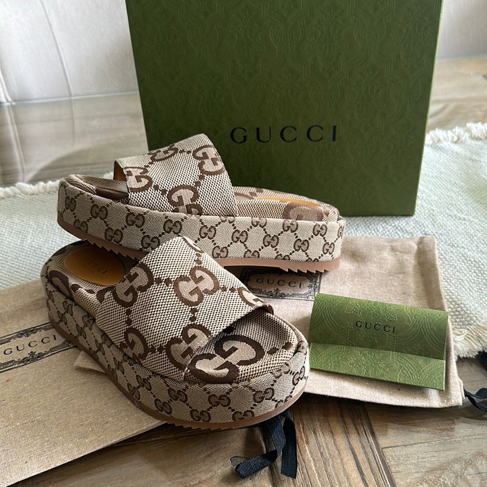 Gucci Beige Brown GG Canvas Platform Slide Sandals